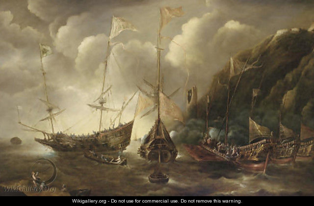 A Mediterranean capriccio of a sea fight between European merchantmen and Ottoman galeasses - Andries Van Eertvelt