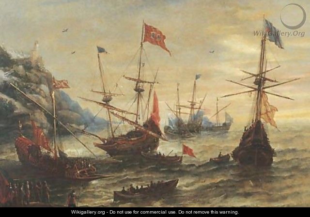 A coastal landscape with frigates and soldiers in a breeze - Andries Van Eertvelt