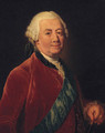 Portrait of a gentleman, half-length, wearing a red coat with a blue order sash, holding a baton - Anna Dorothea Therbusch