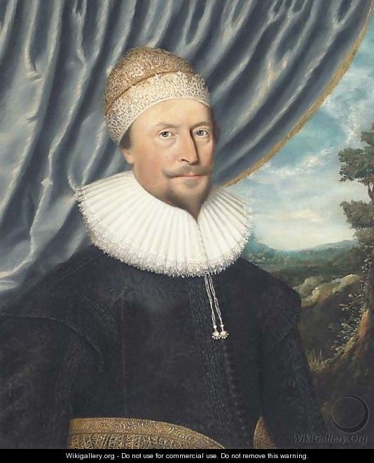 Portrait of Sir Giles Allington (1572-1638), half-length, in a black embroidered coat with lace ruff and gold embroidered cap - Anglo-Flemish School