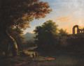 A wooded river landscape with figures and a dog in the foreground and classical ruins beyond - Anglo-Dutch School