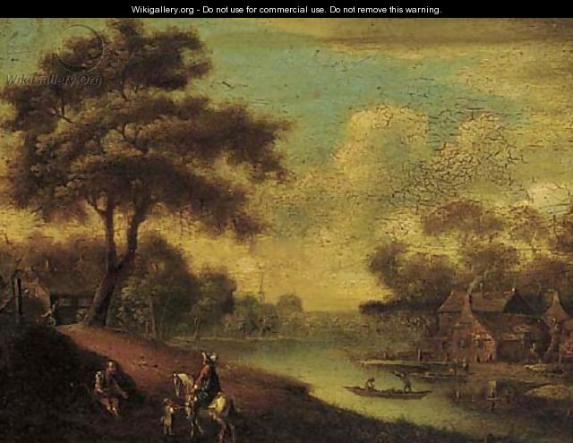 A traveller on horseback by a ferry crossing, a peddlar asking for money - Anglo-Dutch School
