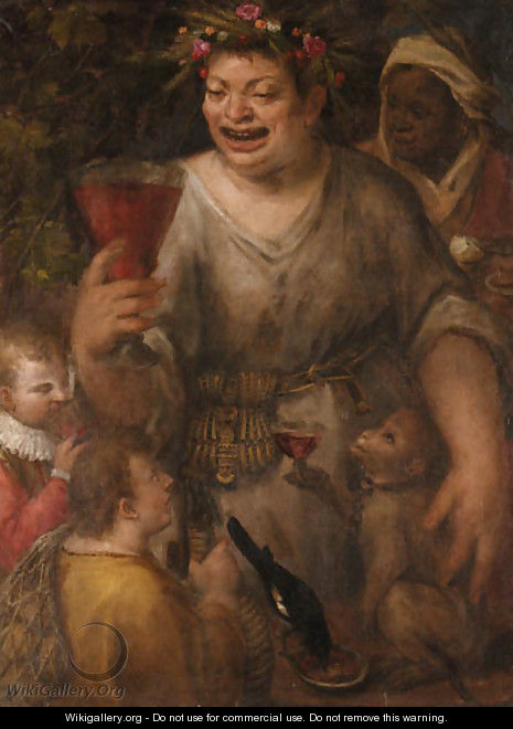 A man as Bacchus drinking wine, with two youths, a magpie, and an ape - Annibale Carracci
