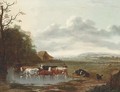 An extensive landscape with a herdsman and cattle - Anthonie Van Borssom
