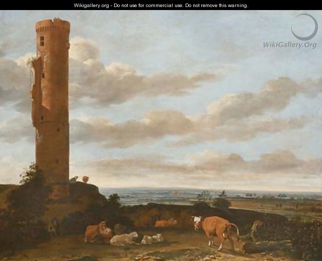A shepherd with cattle and sheep by a tower in a panoramic landscape - Anthonie Van Borssom