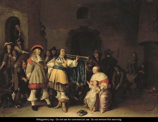 A guardroom interior with an officer sounding a trumpet before a mother and child - Anthonie Palamedesz. (Stevaerts, Stevens)
