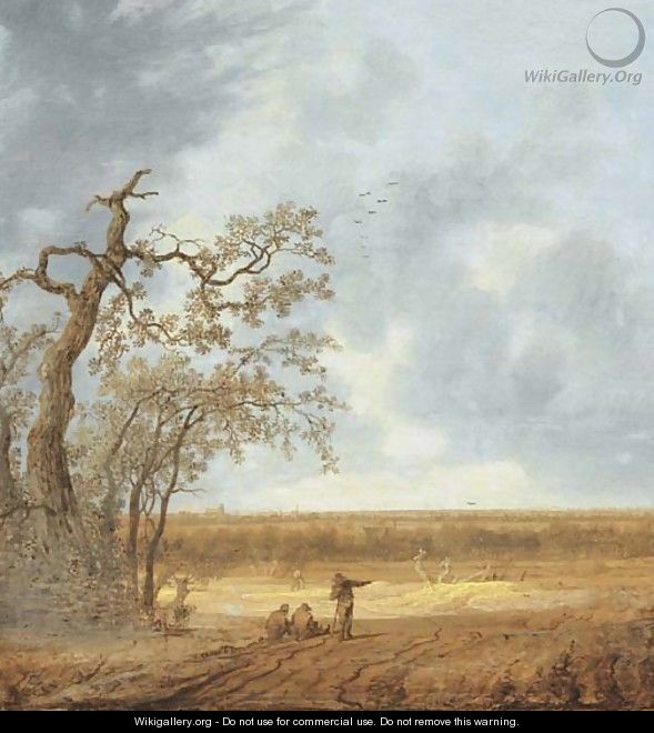 An extensive landscape with peasants conversing by a dead tree - Anthony Jansz van der Croos