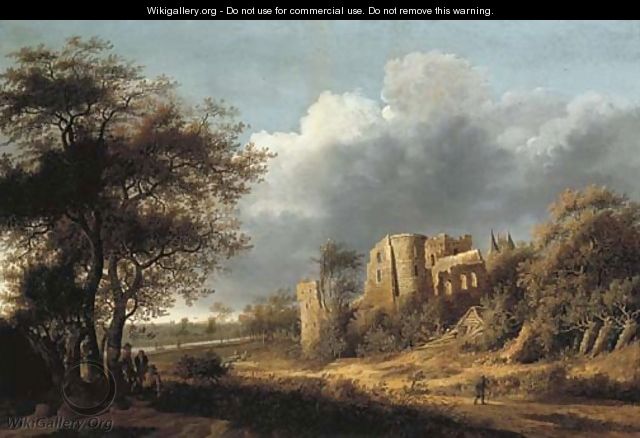 A landscape with the ruined castle of Egmond, a river beyond - Anthony Jansz van der Croos