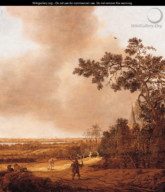 A falconer and travellers on a path in the dunes, a town in the distance - Anthony Jansz van der Croos