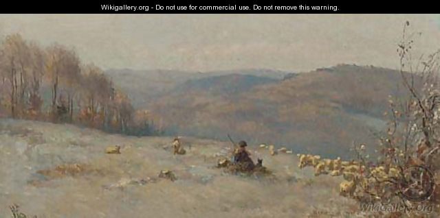 A shepherd and his flock on a hill side - Anthonie Jacobus van Wyngaerdt