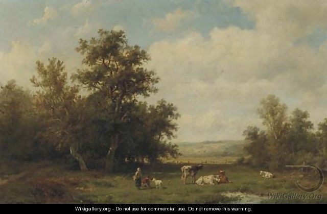 Figures and cattle in a sunlit meadow - Anthonie Jacobus van Wyngaerdt