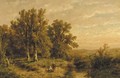 A wooded summer landscape with a peasant couple by a stream - Anthonie Jacobus van Wyngaerdt