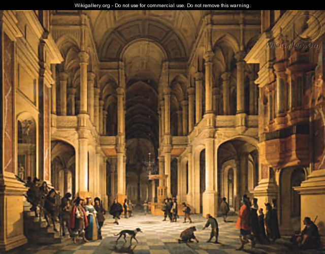 The Interior of a Renaissance-style Church at Night with an Elegant Couple making an Entrance - Anthonie De Lorme