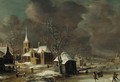 A village in winter, with villagers on a frozen waterway - Anthonie Beerstraaten