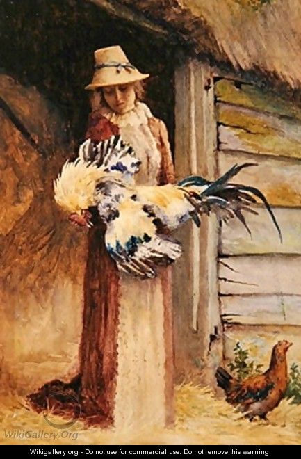 A Woman holding a Cockerel - George Carline