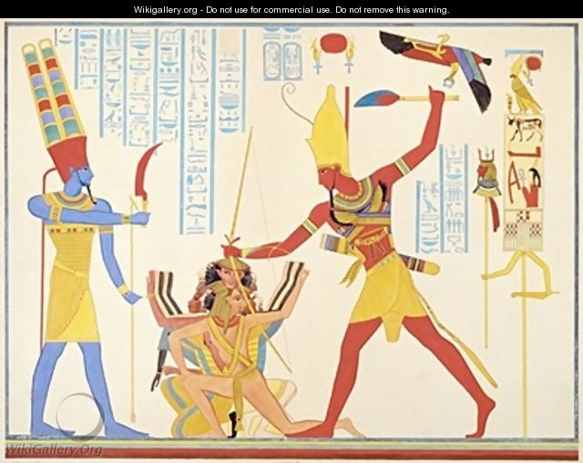 The God Amun offers a sickle weapon to the pharaoh Ramesses III as he strikes two captured enemies - Jean Francois Champollion