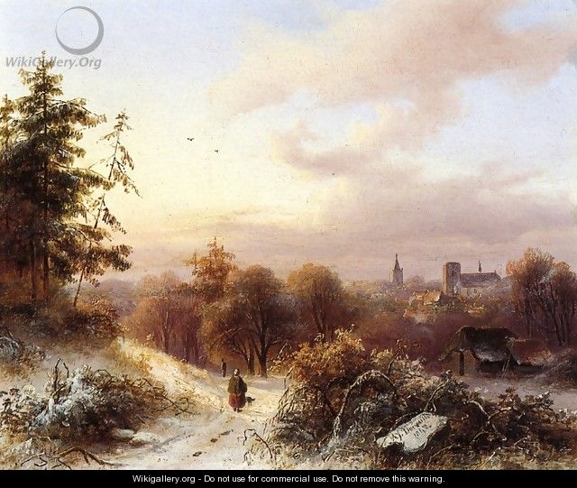 Winter A Peasant on a Path in a Wooded Landscape a Town in the Background - Alexander Joseph Daiwaille