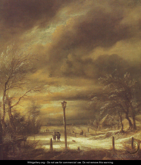 Winter landscape with a lamp-post and a distant view of haarlem - Jacob Van Ruisdael