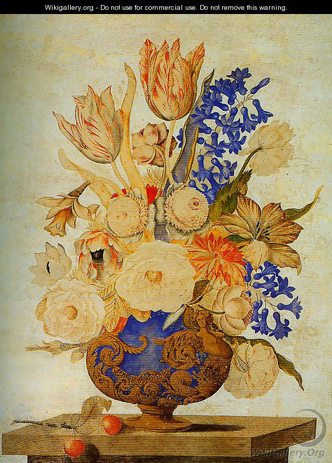 Gilded and Embossed Vase Filled with Snowballs Roses and Tulips - Andrea Scacciati