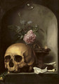 A 'vanitas' with a skull, mixed flowers, an oil lamp, pipes and a soap bubble in a stone niche - Hendrick Andriessen