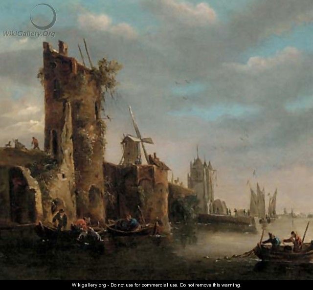 A canalside walled town with fishermen - (after) Jan Van Goyen
