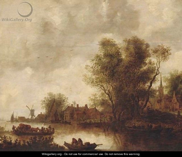 A river landscape with a ferry, a church beyond - Jan van Goyen