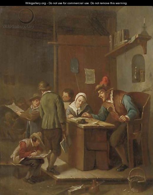 A classroom interior with a school master correcting pupils