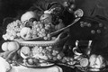 Grapes, A Peach, A Pomegranate, A Quinch And Walnuts On A Wan Li Dish On A Basket And A Peeled Orange, A Bun And Walnuts On Pewter Plates - (after) Jan Davidsz. De Heem