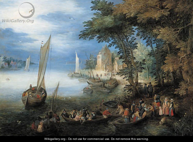 A river landscape with a ferry arriving near a landingstage, a sailing vessel nearby - Jan The Elder Brueghel