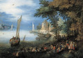 A river landscape with a ferry arriving near a landingstage, a sailing vessel nearby - Jan The Elder Brueghel