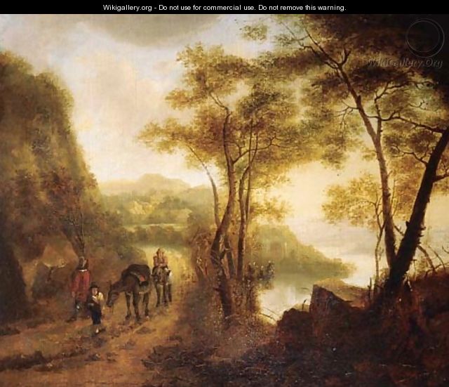 Travellers on a path overlooking a valley in an Italianate landscape - (after) Jan Both
