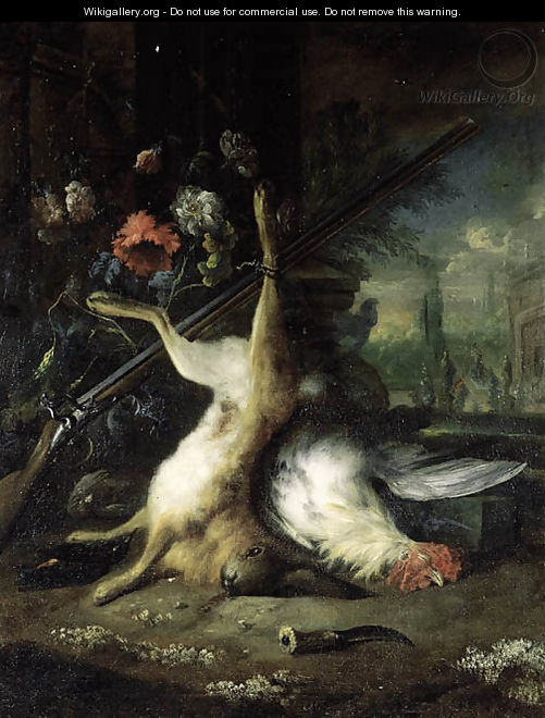 A dead hare hanging from a shotgun with a dead hen, in a classical garden - (after) Jan Baptist Weenix