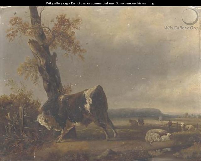 A river landscape with a bull and sheep in the background - Jacques-Raymond Brascassat