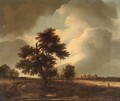 A wooded landscape with travellers on a track and a shepherd with his flock - Isaak van Ruisdael