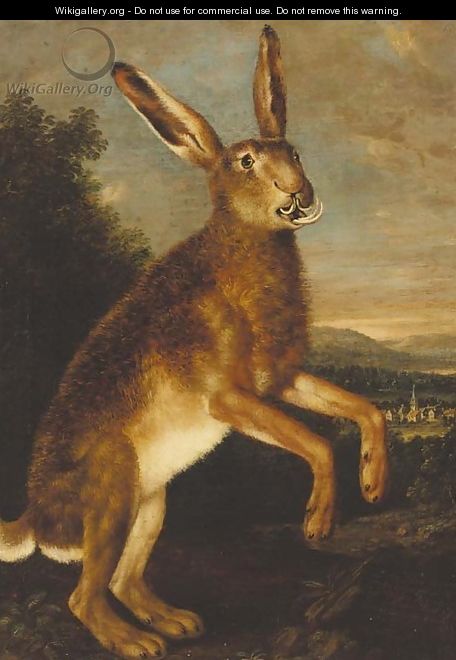 A prancing hare, with a town beyond - Johann Elias Ridinger or Riedinger