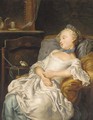 Portrait of a girl sleeping on a chair, a songbird beside her - Jean Francois Colson
