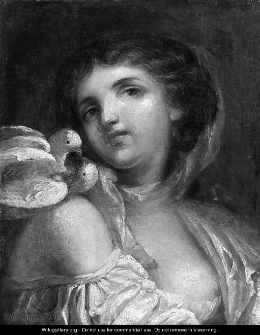 A Young Girl, Small Bust-Length, With Pigeons Perched On Her Right Shoulder - Jean Baptiste Greuze