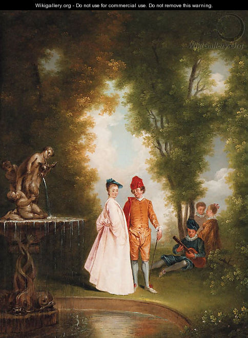 An elegant couple by a sculpted fountain - Jean-Antoine Watteau