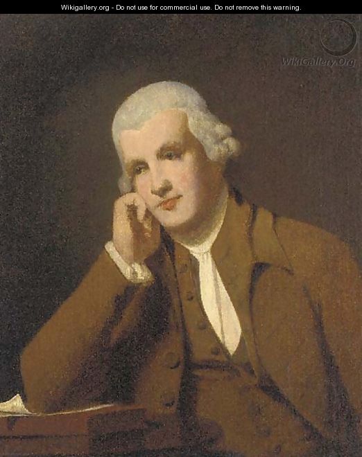 Portrait of Jedidiah Strutt (1726-1797), half-length, in a brown coat and waistcoat, resting his elbow on a manuscript - (after) Wright, Joseph