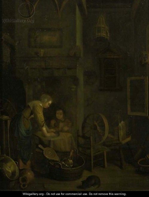 A maid cleaning a pewter dish by a table in an interior - (after) Geertruyd Roghman