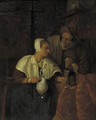 A woman seated by a table pouring wine for a man, in an interior - (after) Gabriel Metsu