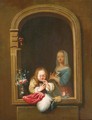 A boy in a window blowing bubbles, a girl with a dog in her arms behind - Frans van Mieris