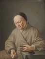 An elderly man, three-quarter-length, seated in a beige robe with a black cap, holding a book in his left hand and glasses in his right - (after) Frans Van Mieris