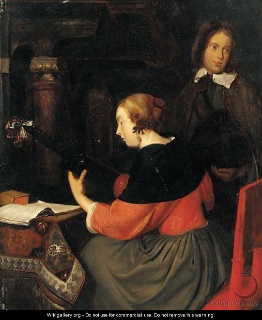 A lady making music with a youth in an interior - (after) Gerard Terborch