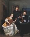 A woman playing the theorbo accompanied by two gentlemen, in an interior - (after) Gerard Ter Borch