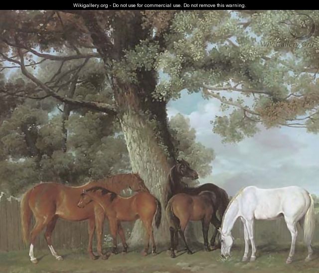 Mares and foals beneath a large oak tree - George Townley Stubbs