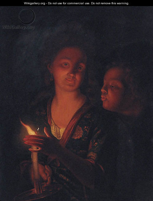 A boy blowing a candle held by a lady - (after) Godfried Schalken