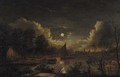 Fishermen sailing on a river by a village at night - (after) Aert Van Der Neer