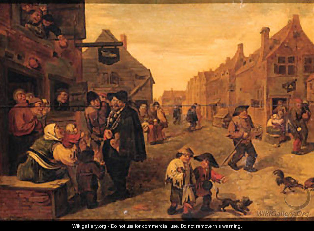 Boors listening to a liereman, outside a shoemaker