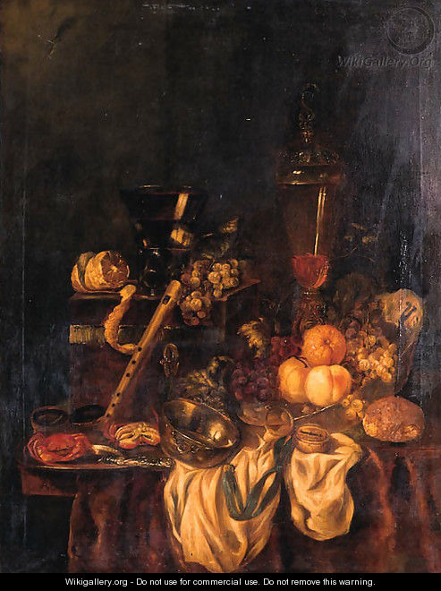 A Berkemeyer, Grapes And A Peeled Lemon On A Jewelry Box, Peaches, An Orange And Grapes In A Wan-Li Dish, Crabs And A Knife On A Pewter Plate - Abraham Hendrickz Van Beyeren